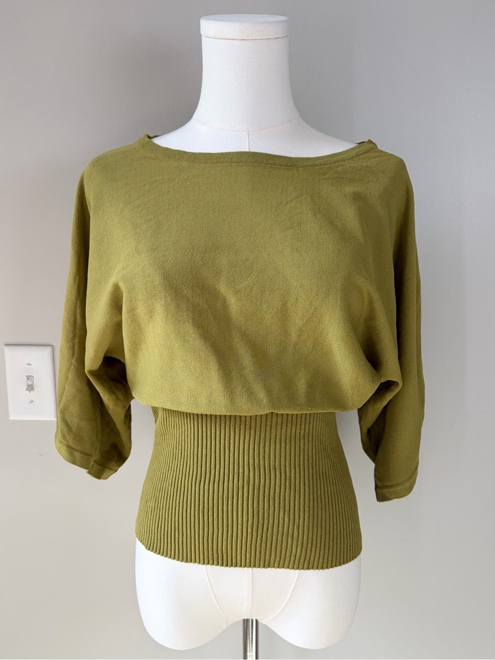 Kenar Olive Green Wide Neck Cinched Rib Waistband Draped Dolman Sleeve Blouse